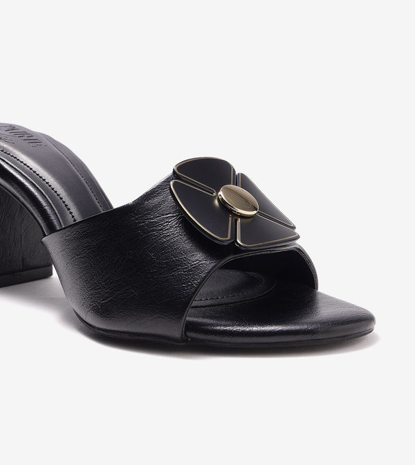 Floral Metallic Adornment Block Heeled Sandals - Black