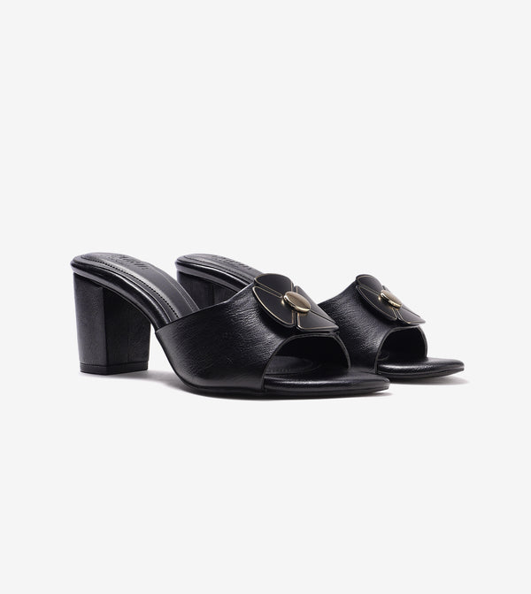 Floral Metallic Adornment Block Heeled Sandals - Black