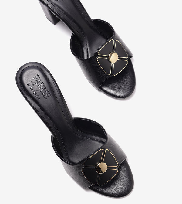 Floral Metallic Adornment Block Heeled Sandals - Black