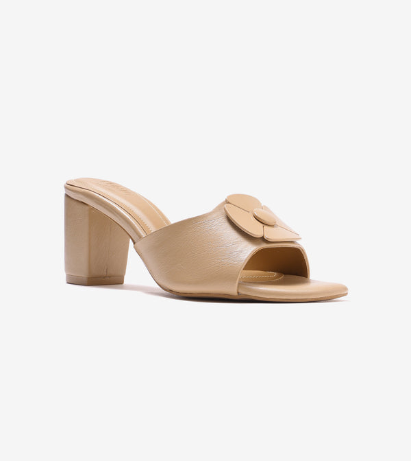Floral Metallic Adornment Block Heeled Sandals - Beige
