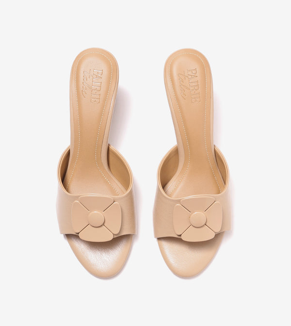 Floral Metallic Adornment Block Heeled Sandals - Beige