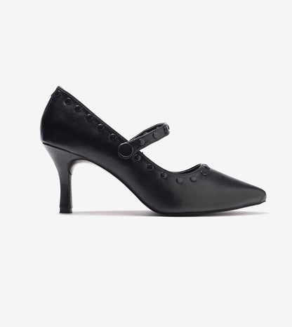 Pointed Toe Studded Mary Jane Pumps - Black