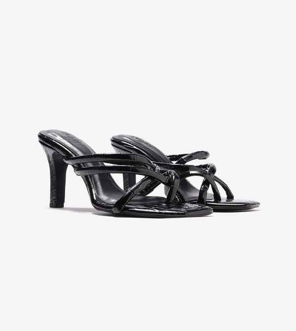 Asymmetric Strappy Tubular Heeled Sandals - Black