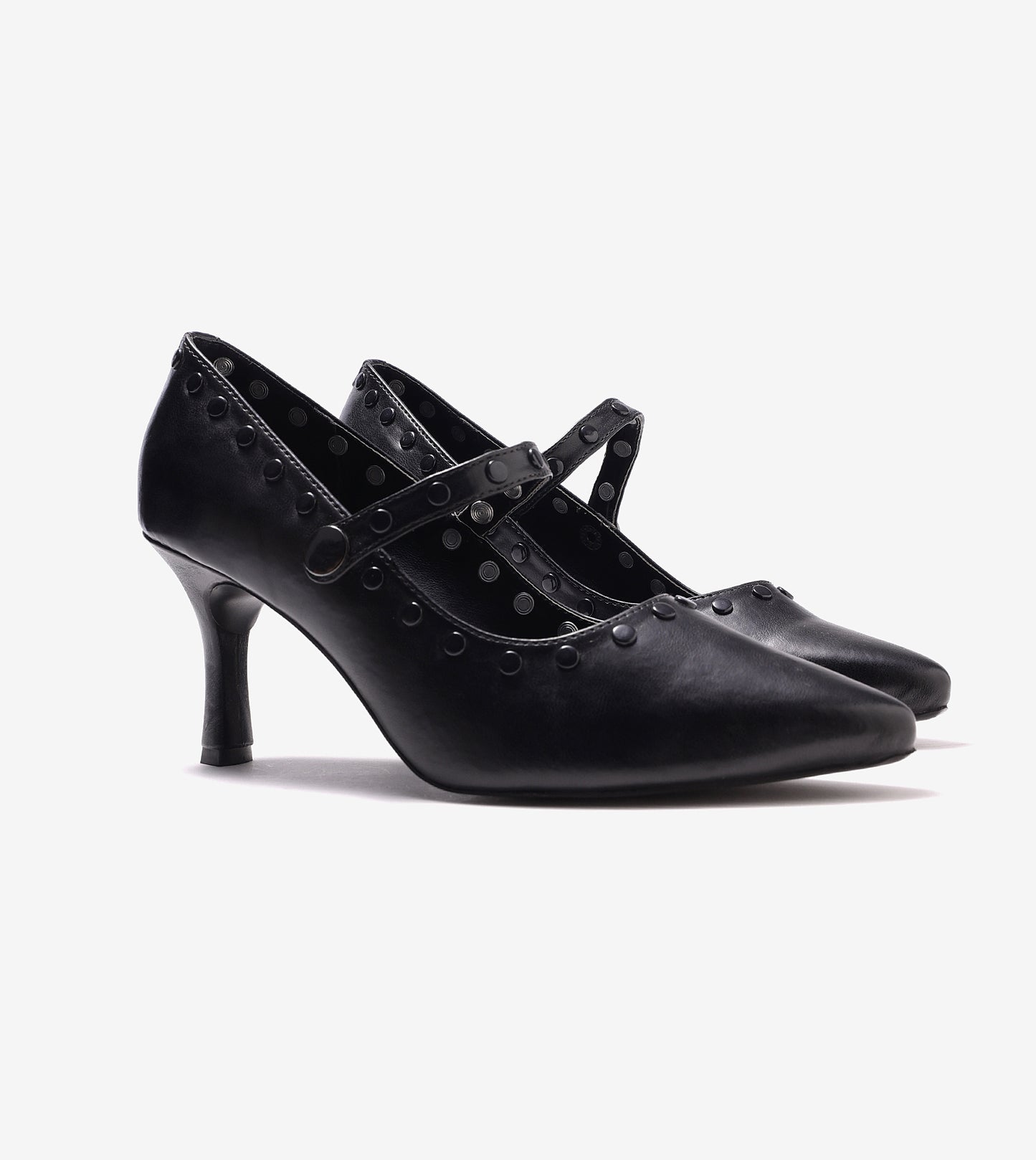 Pointed Toe Studded Mary Jane Pumps - Black