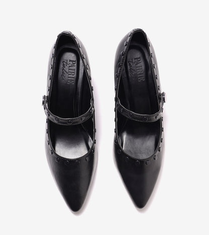 Pointed Toe Studded Mary Jane Pumps - Black