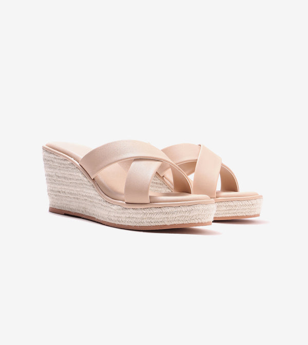 Cross Strap Espadrille Wedges - Cream