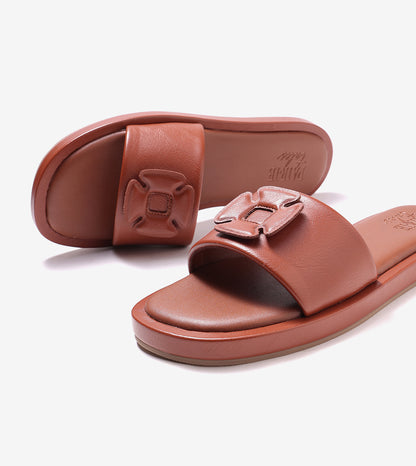 Flower Cutout Slide Sandals - Tan