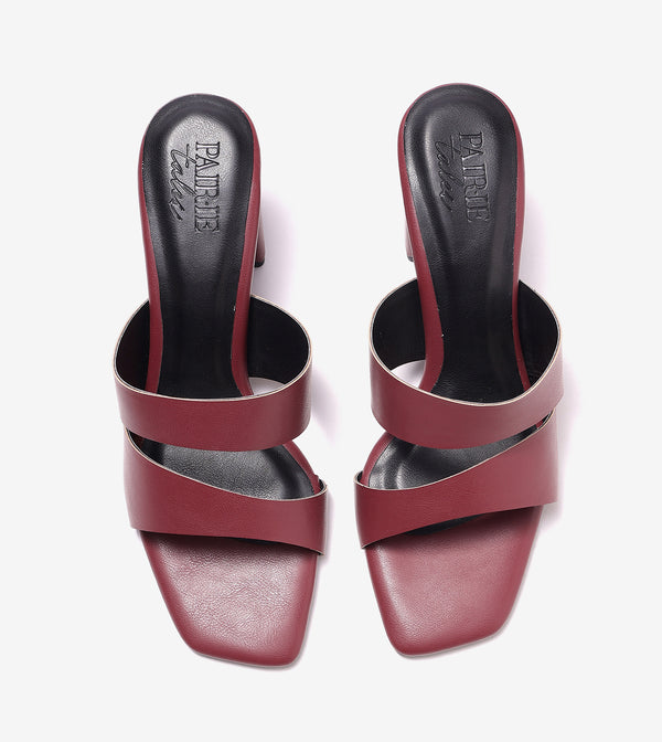 Asymmetric Cutout Block Heeled Slide Sandals - Maroon