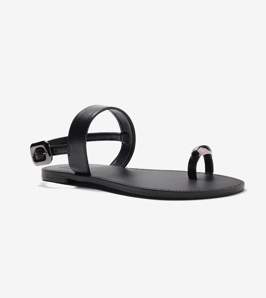 Metallic Accent Toe Ring Flat Sandals - Black