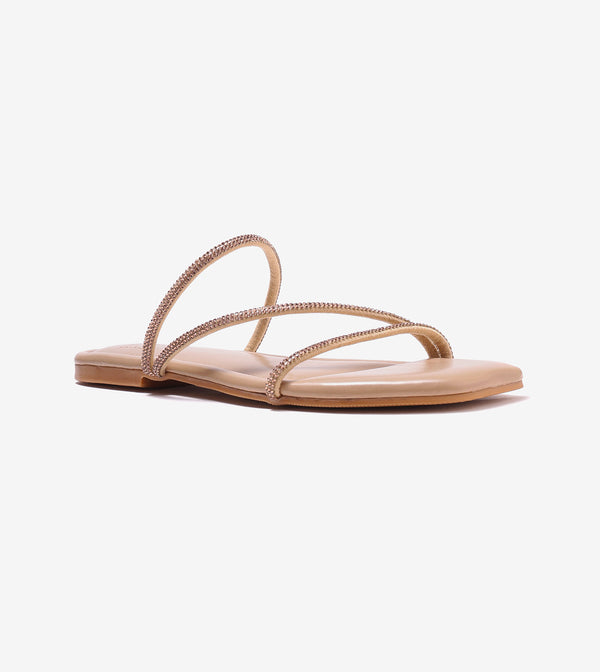 Satin Crystal - Embellished Strappy Sandals - Beige