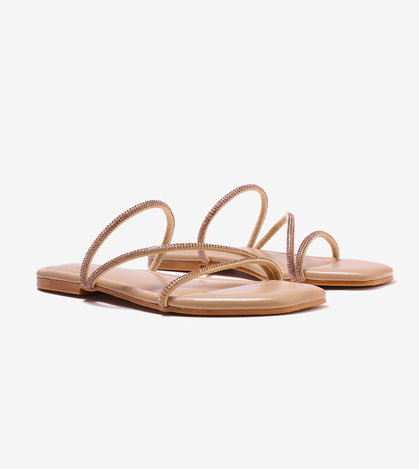 Satin Crystal - Embellished Strappy Sandals - Beige