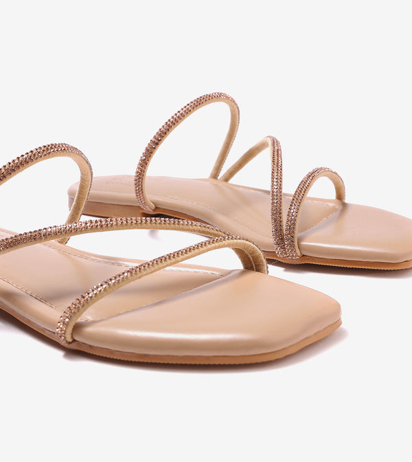Satin Crystal - Embellished Strappy Sandals - Beige