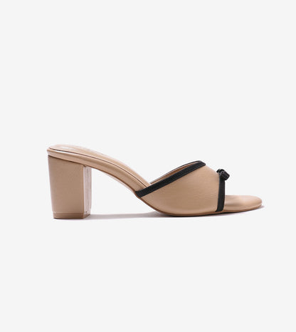 Two Tone Bow Heeled Mules - Beige