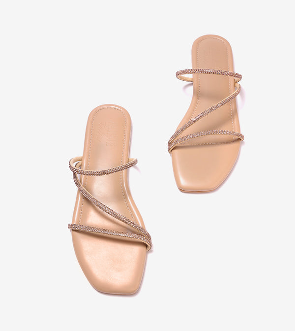 Satin Crystal - Embellished Strappy Sandals - Beige