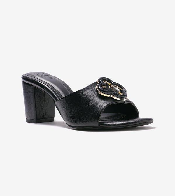 Floral Adornment Block Heeled Sandals - Black