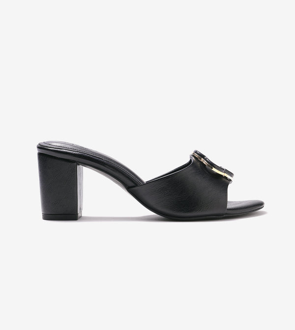 Floral Adornment Block Heeled Sandals - Black