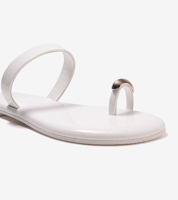 Patent Flat Sandals With Metallic Embellishment - White