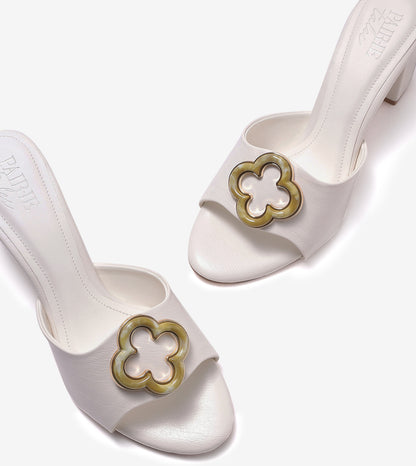Floral Adornment Block Heeled Sandals - White