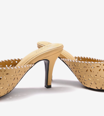 Laser Cutwork Stiletto Mules - Yellow