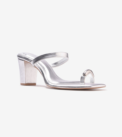 Metallic Accent Toe-Ring Heeled Mules - Silver