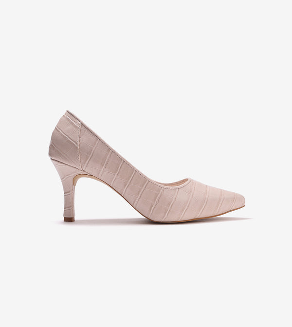 Patent Croc-Effect Print Pointed Toe Pumps - Cream