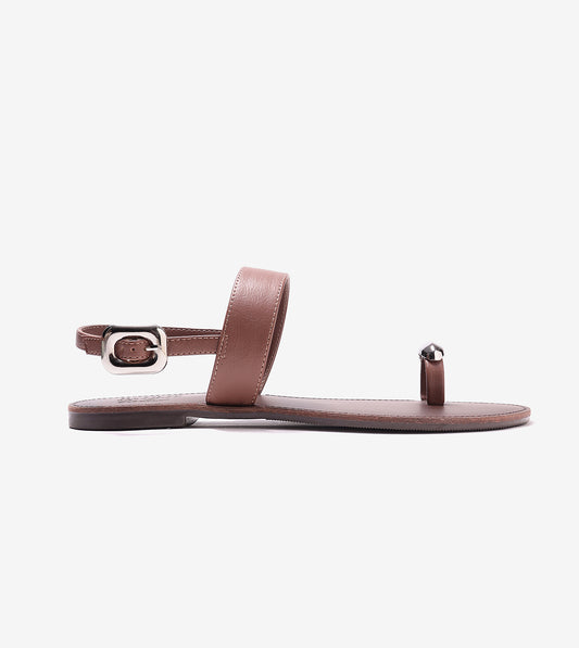 Metallic Accent Toe Ring Flat Sandals - Brown