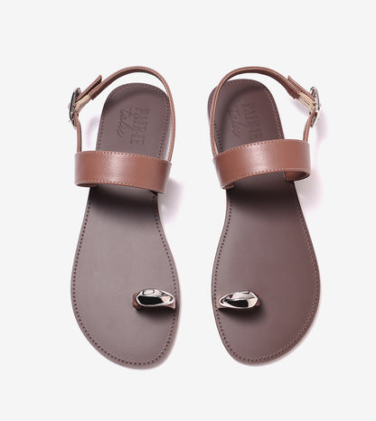 Metallic Accent Toe Ring Flat Sandals - Brown