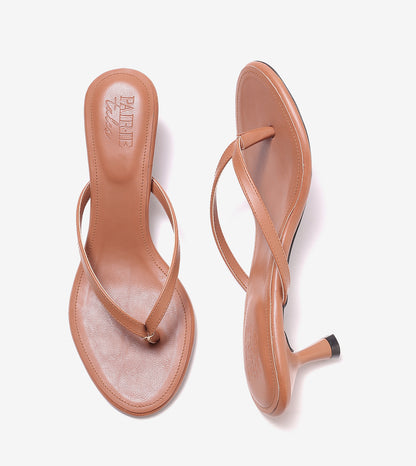 V-Strap Kitten Heeled Sandals - Tan