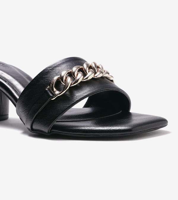 Chain Link Heeled Mules - Black