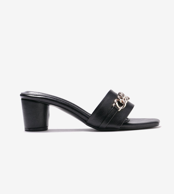 Chain Link Heeled Mules - Black