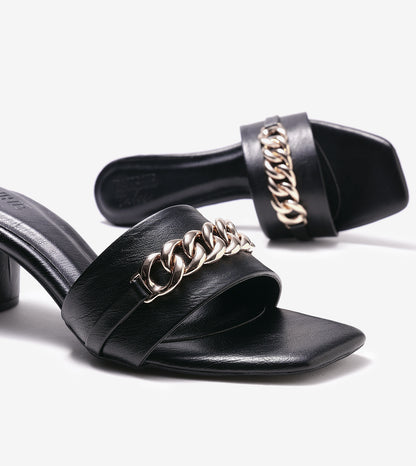 Chain Link Heeled Mules - Black