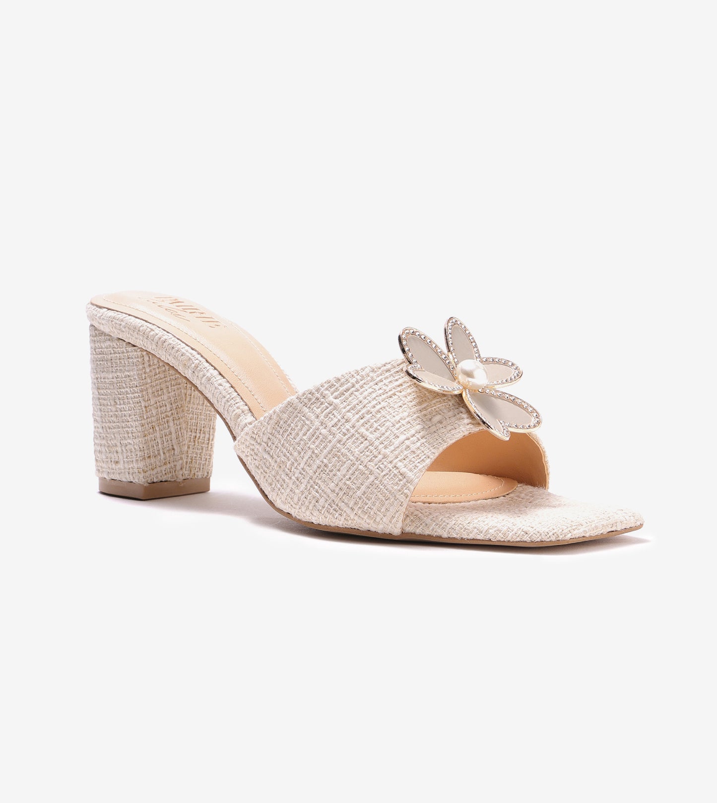 Jute Block Heeled Mule With Metal Adornment - Cream