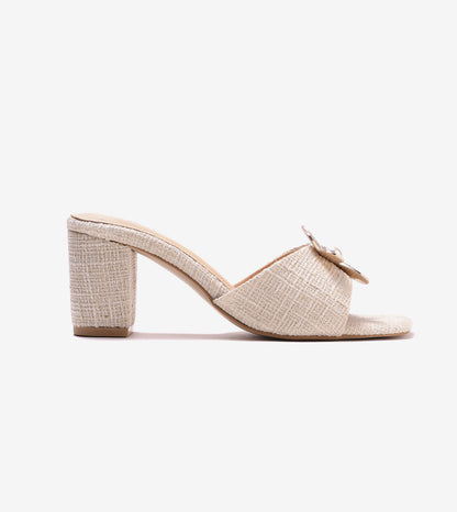 Jute Block Heeled Mule With Metal Adornment - Cream