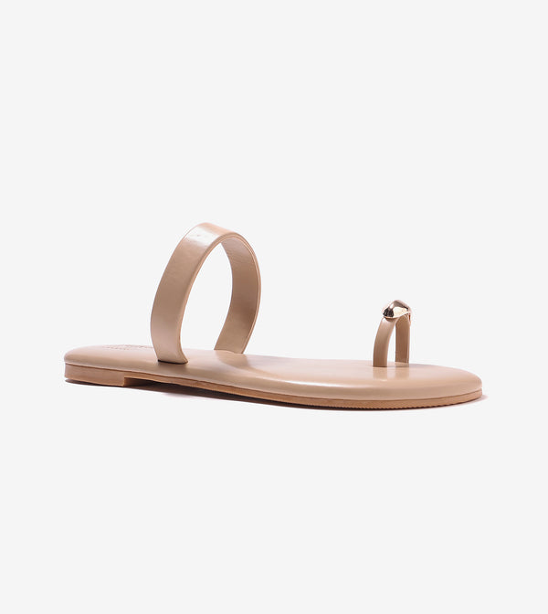 Patent Flat Sandals With Metallic Embellishment - Beige