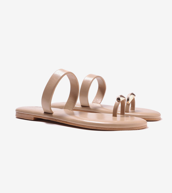 Patent Flat Sandals With Metallic Embellishment - Beige