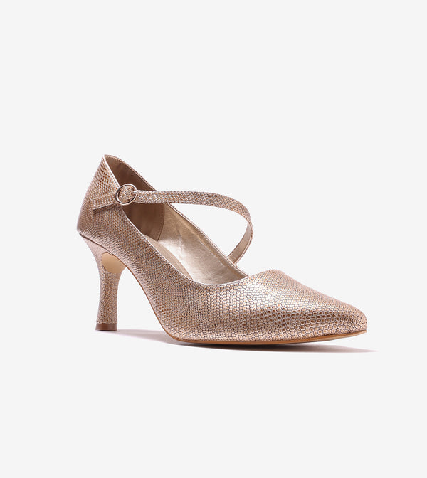 Asymmetric Textured Snake-Print Strappy Heeled Pumps - Gold