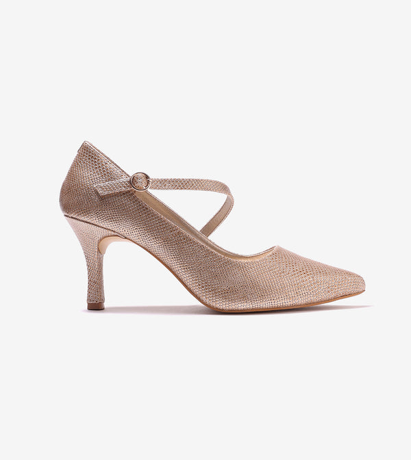 Asymmetric Textured Snake-Print Strappy Heeled Pumps - Gold