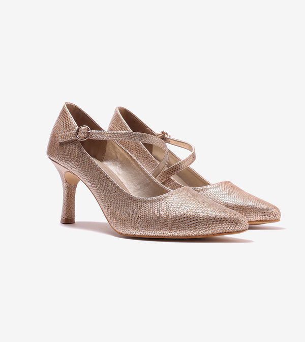 Asymmetric Textured Snake-Print Strappy Heeled Pumps - Gold