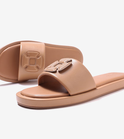 Flower Cutout Slide Sandals - Beige