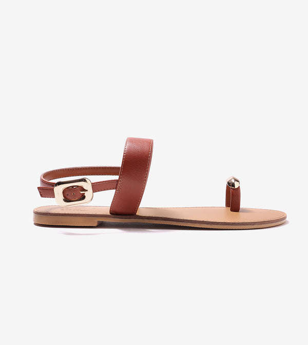 Metallic Accent Toe Ring Flat Sandals - Tan