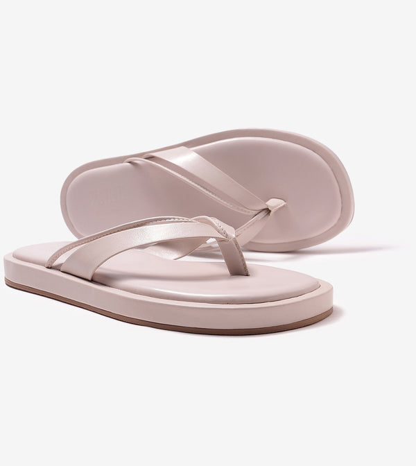 V-Strap Slide Flat Sandals - Cream