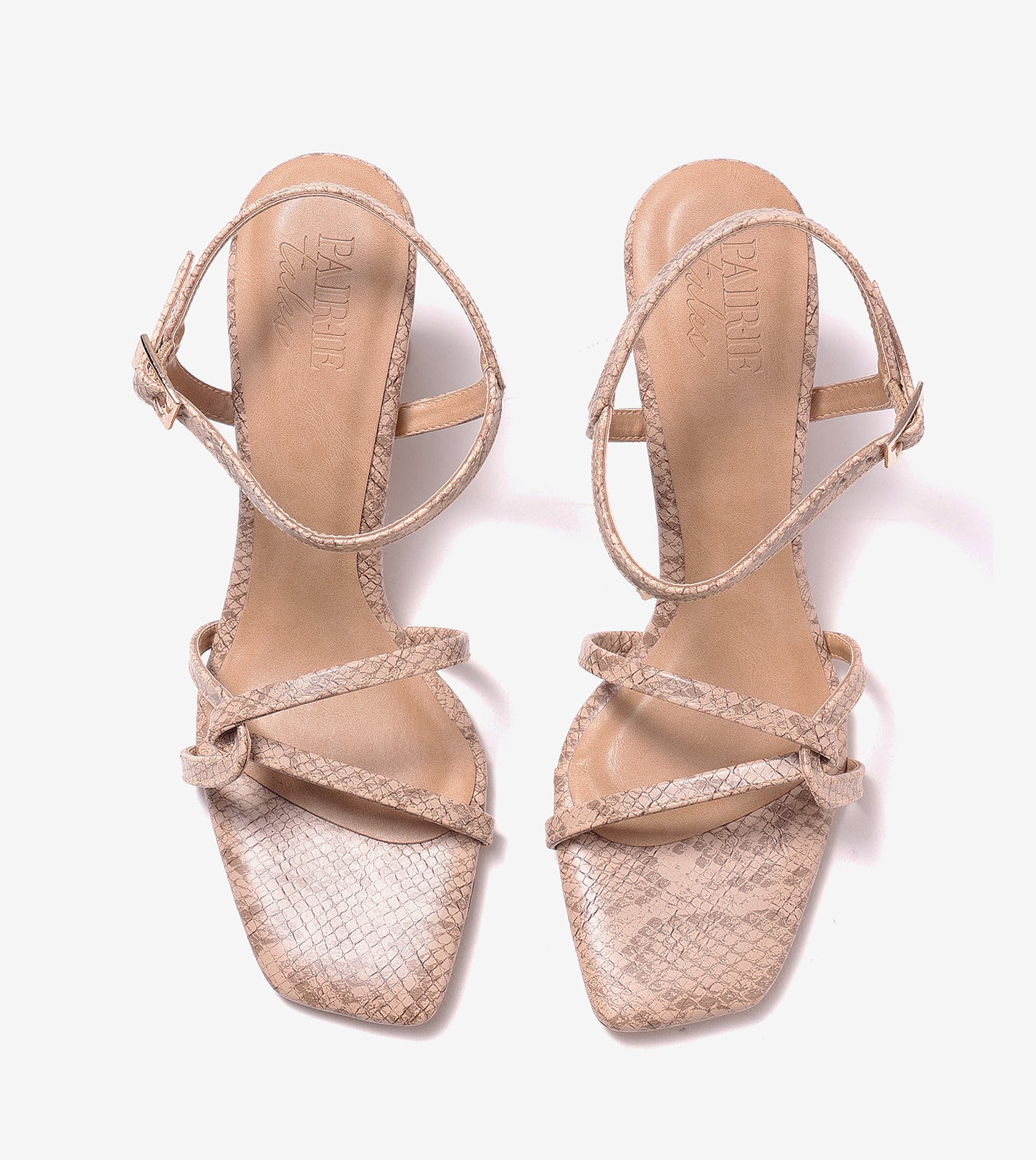 Snake Print Strappy Heeled Sandals - Beige