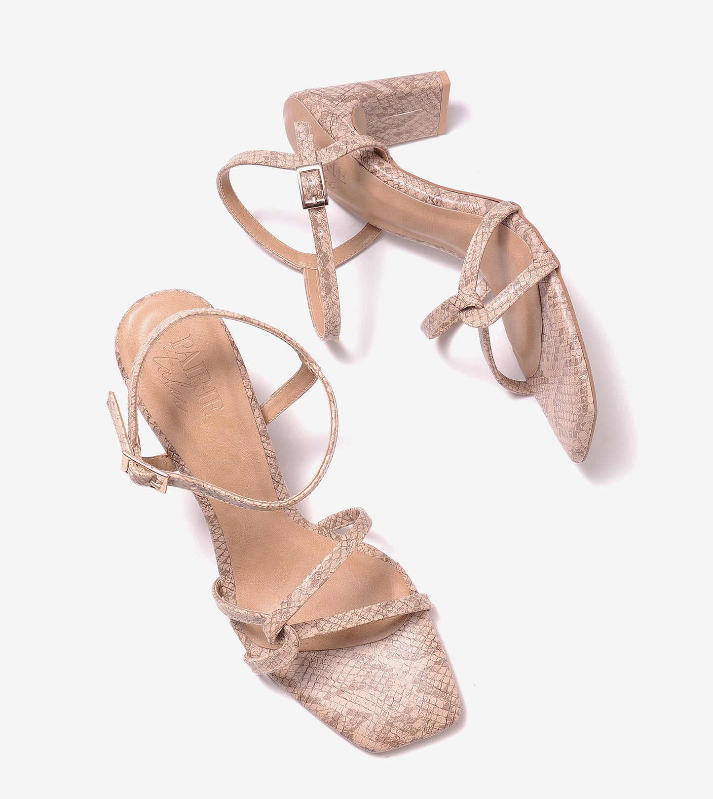Snake Print Strappy Heeled Sandals - Beige