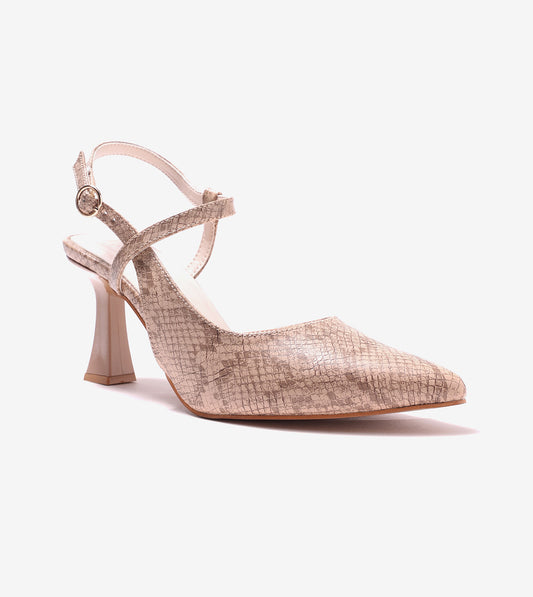Snake Print Pointed Toe Slingback Pumps - Tan