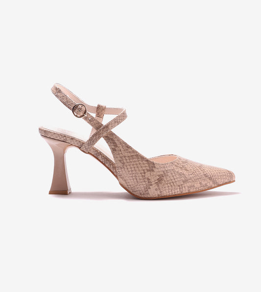 Snake Print Pointed Toe Slingback Pumps - Tan