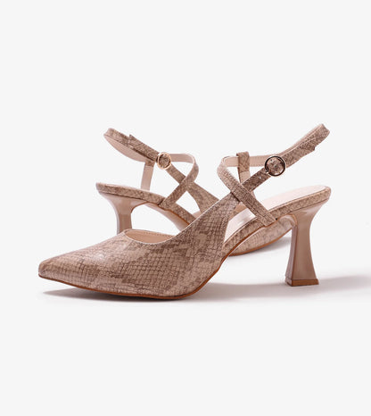 Snake Print Pointed Toe Slingback Pumps - Beige