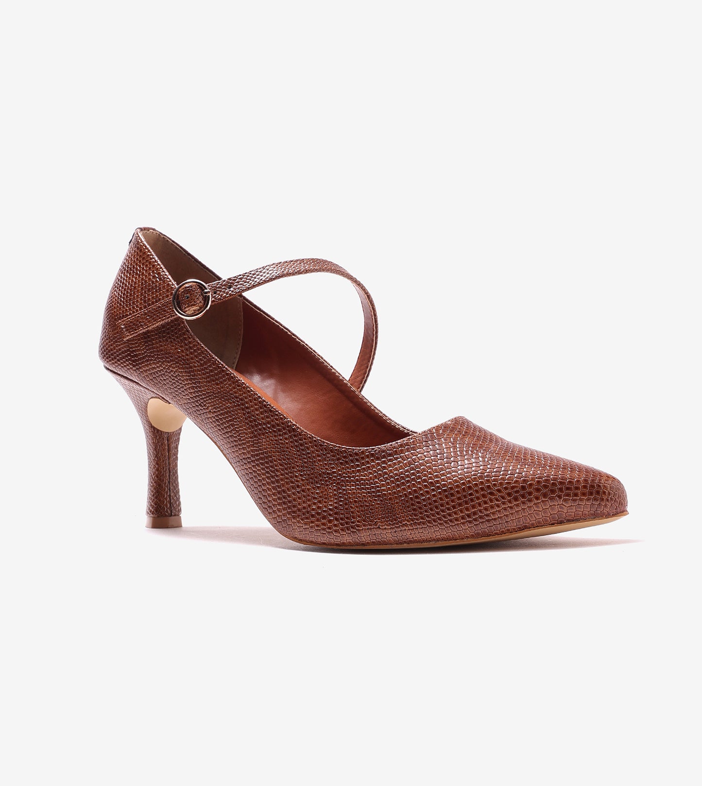 Asymmetric Textured Snake-Print Strappy Heeled Pumps - Brown