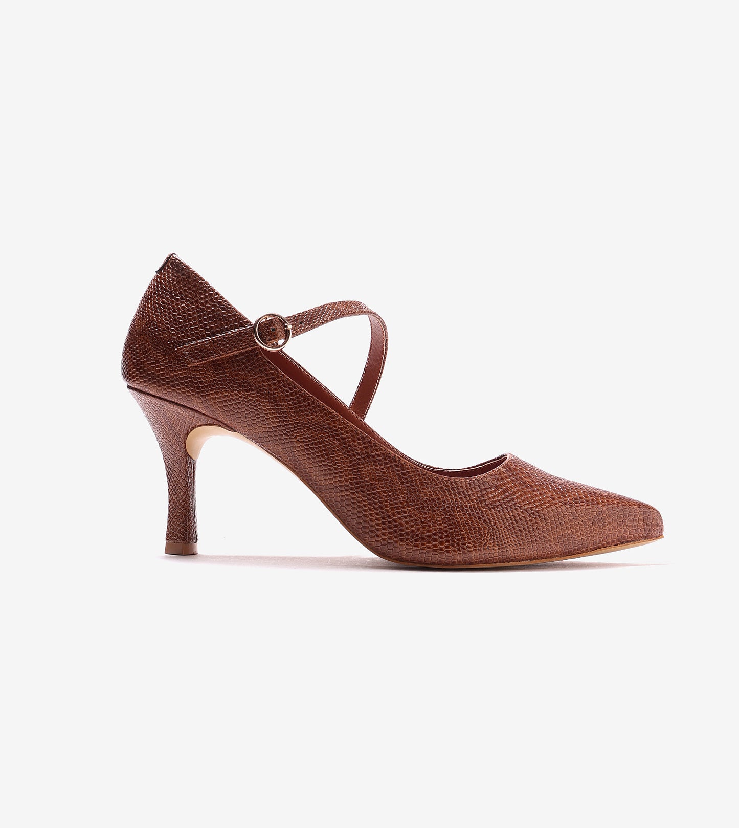 Asymmetric Textured Snake-Print Strappy Heeled Pumps - Brown