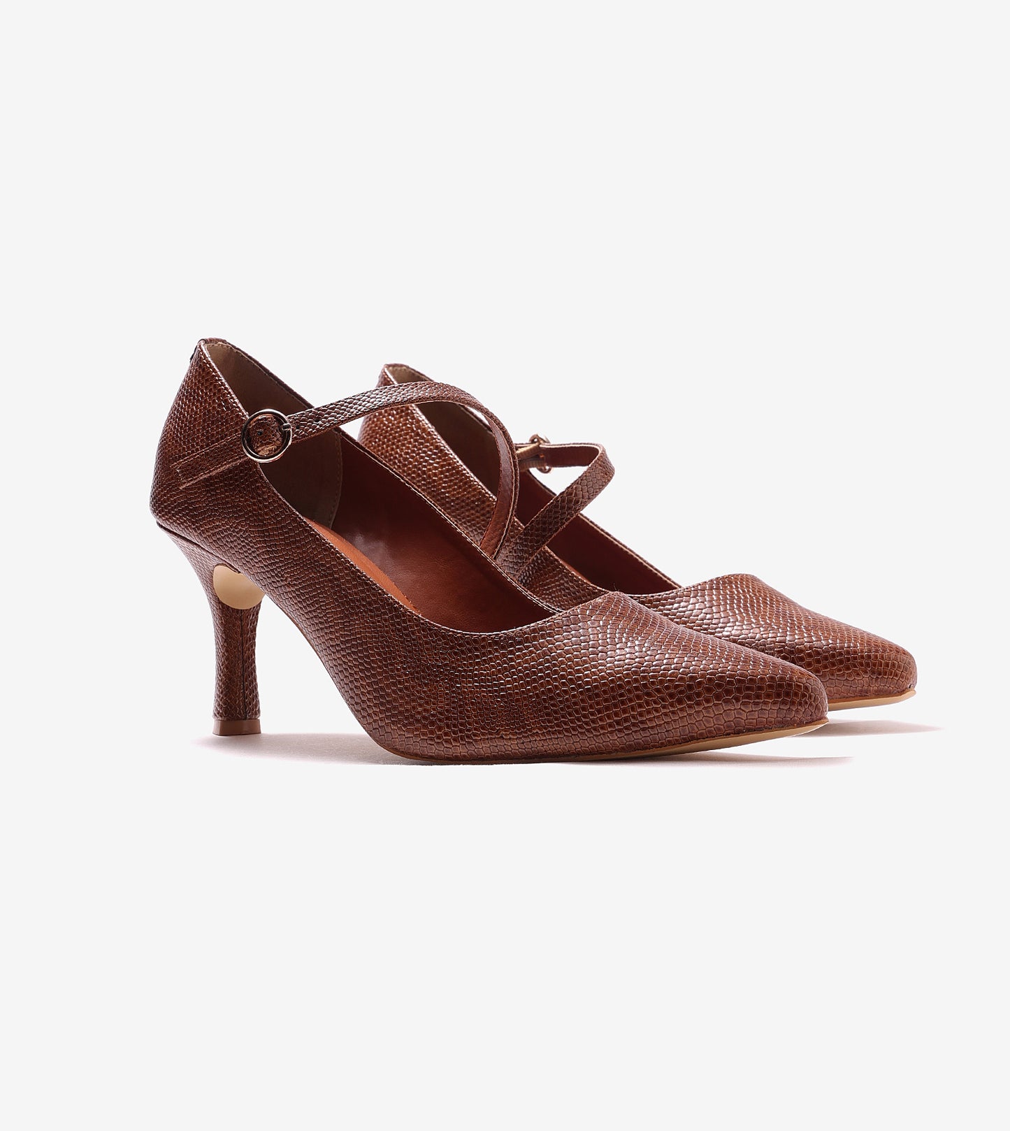 Asymmetric Textured Snake-Print Strappy Heeled Pumps - Brown