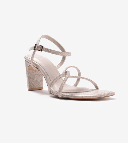 Snake Print Strappy Heeled Sandals - Stone